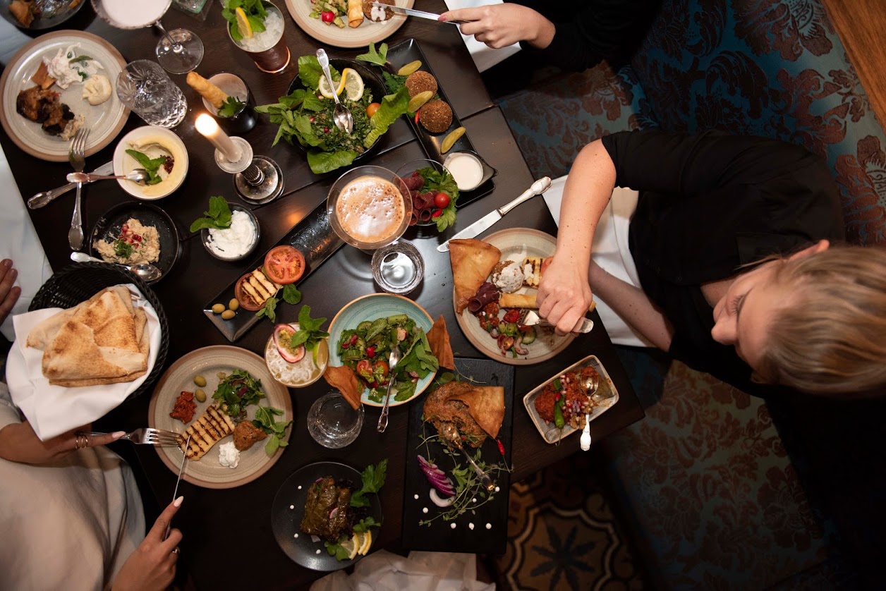 Table of Lebanese meze dishes from Tabbouli